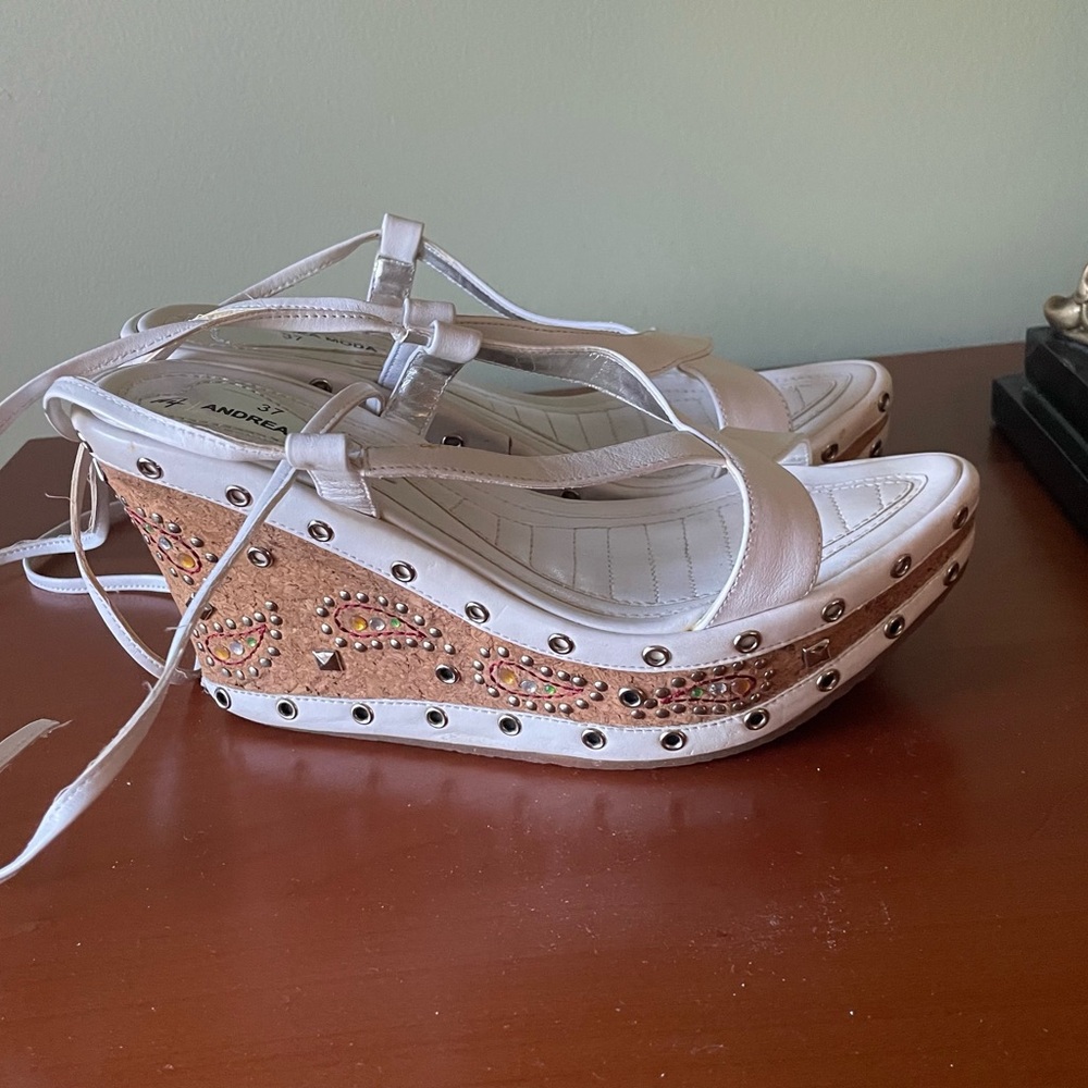 ANDREA FENZI White and Tan Wedge Sandals